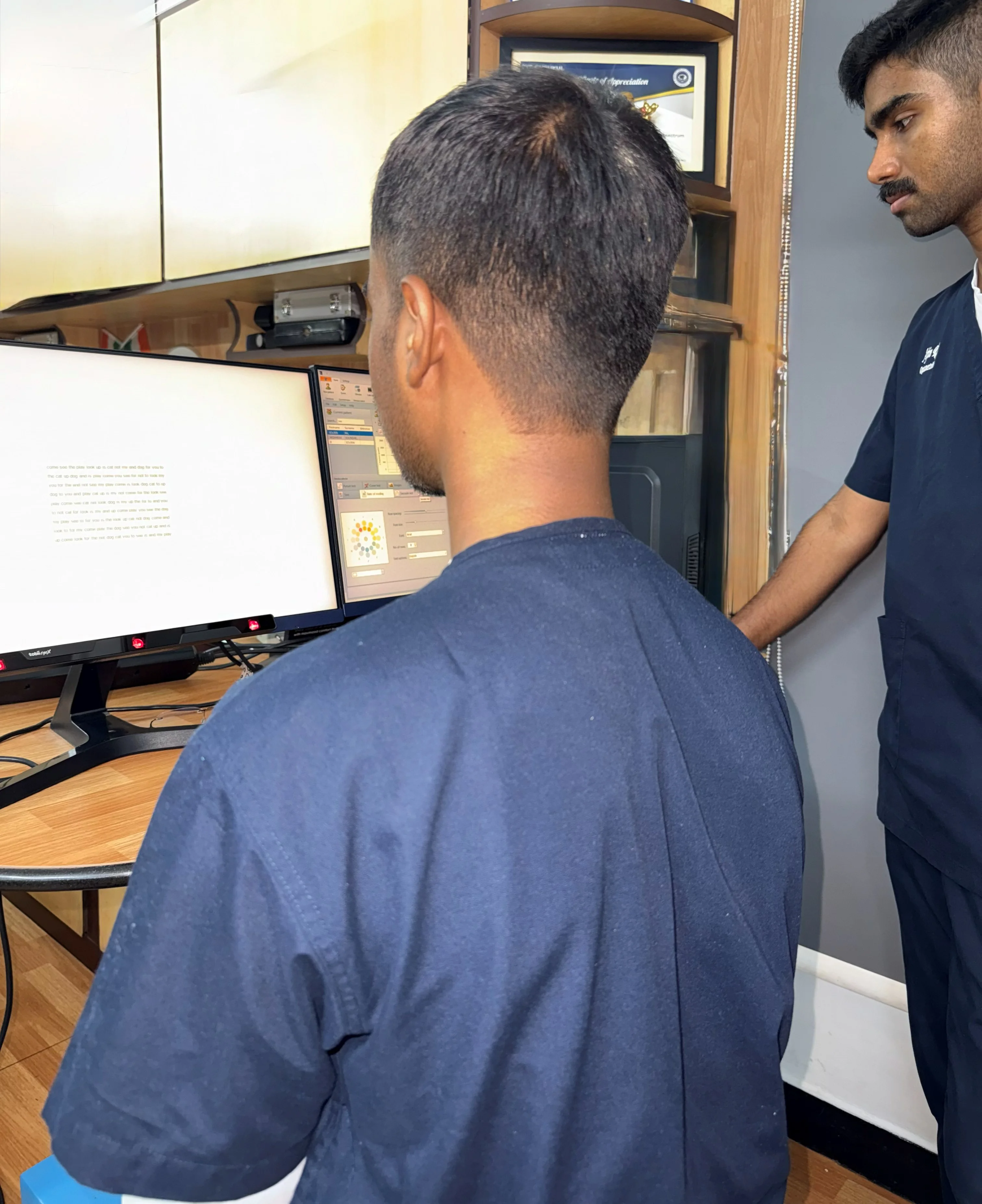 Overview of vision assessment workstation at Caring Vision Therapy clinic