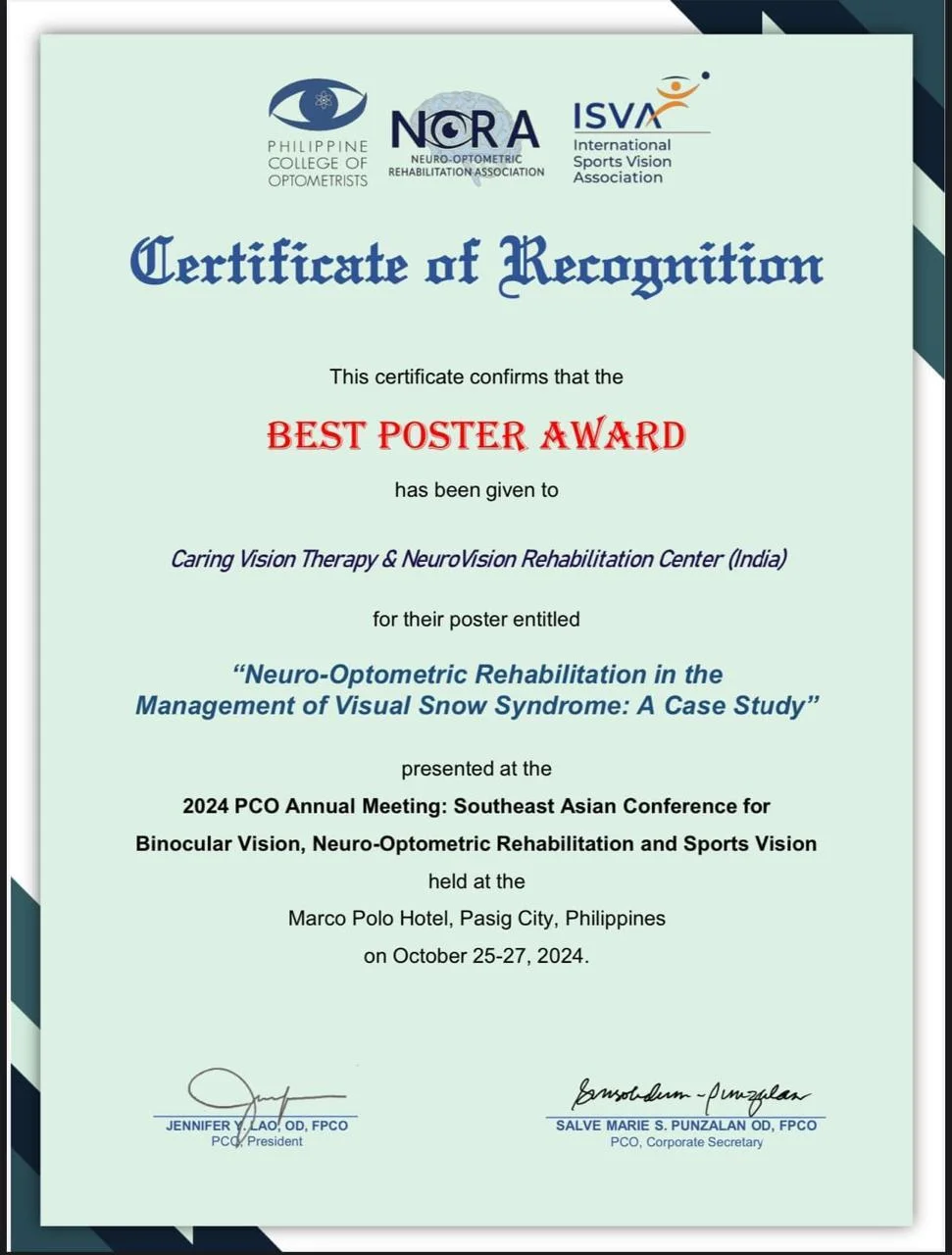 Best Poster Award for Caring Vision Therapy and NeuroVision Rehabilitation Center at the 2024 PCO Annual Meeting, Philippines