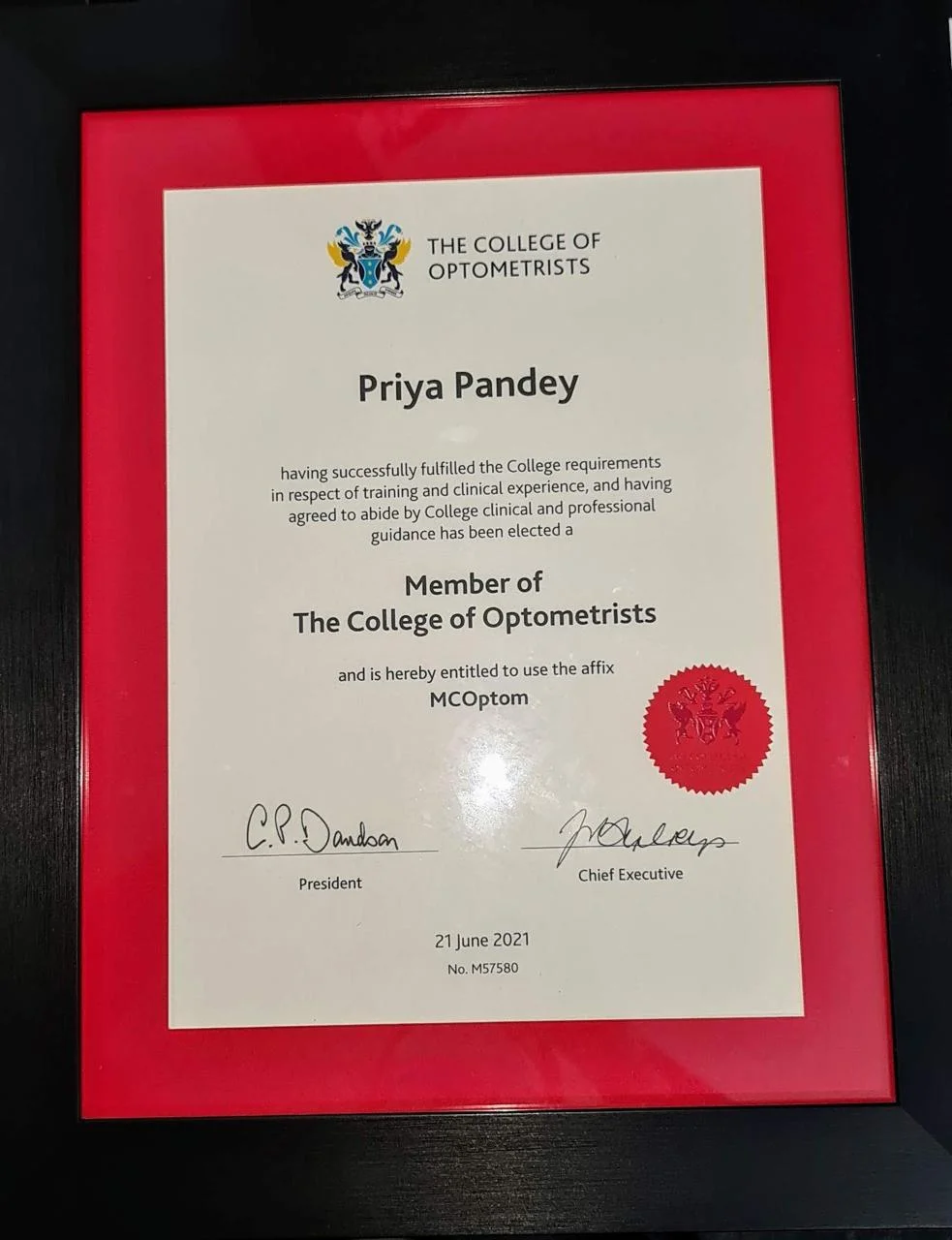 Optom. Priya Pandey Member of The College of Optometrists UK certificate, MCOptom