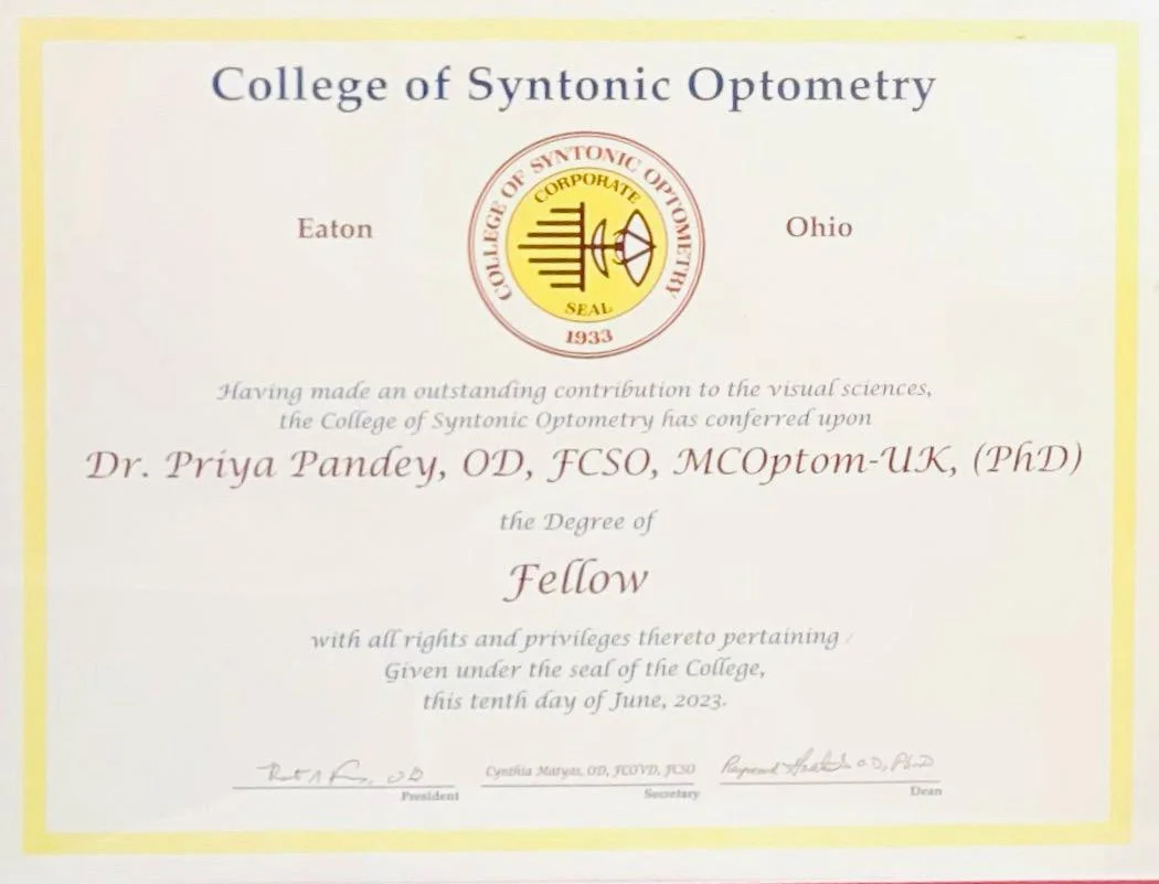 Optom. Priya Pandey Fellow of the College of Syntonic Optometry certificate