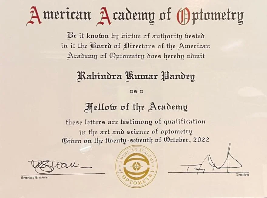 Optom. Rabindra Kumar Pandey Fellow of the American Academy of Optometry certificate