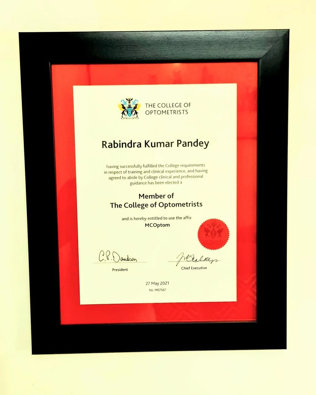 Optom. Rabindra Kumar Pandey Member of The College of Optometrists UK certificate, MCOptom