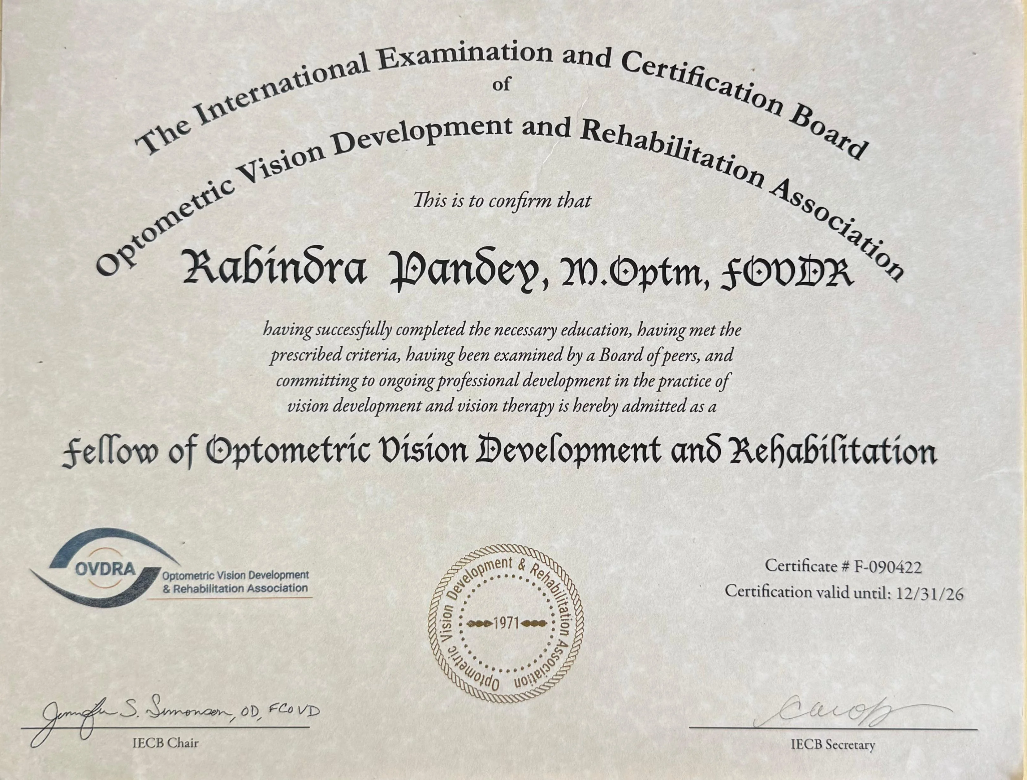 Optom. Rabindra Kumar Pandey Fellow of Optometric Vision Development and Rehabilitation Association certificate