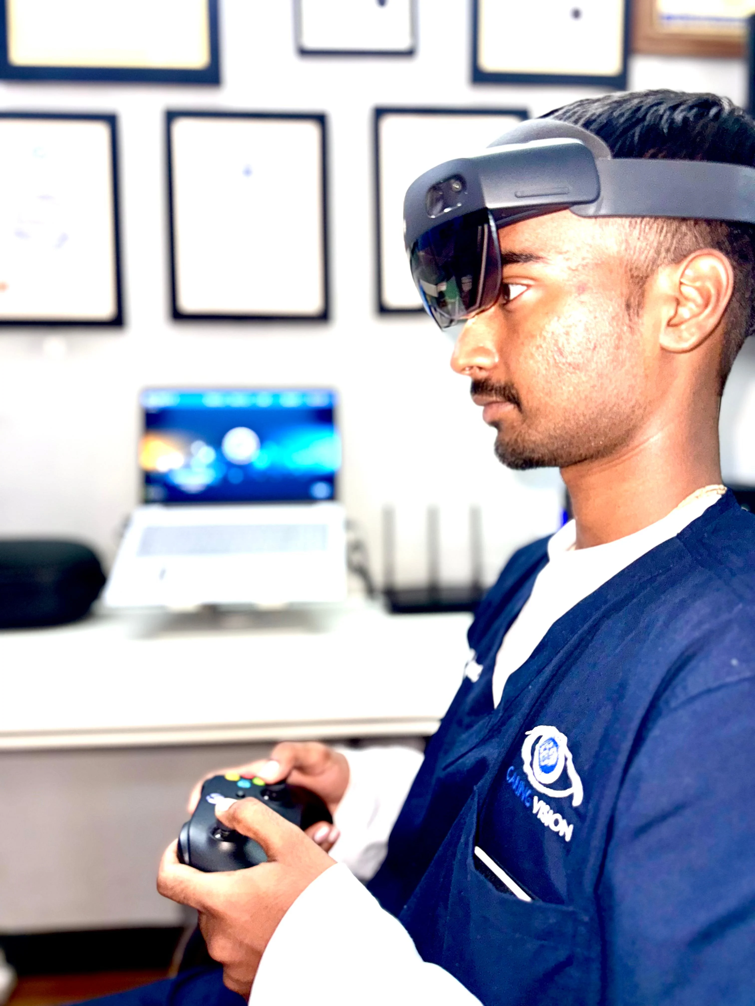 Optometrist using an AR headset and VTS4 vision therapy software at Caring Vision, Ashok Nagar